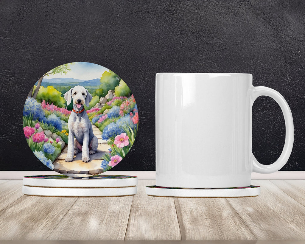 Bedlington Terrier Spring Garden Large Sandstone Coasters Pack of 4 Absorbent Round Coasters Decor Gifts for Men or Women, 4 in, Multicolor