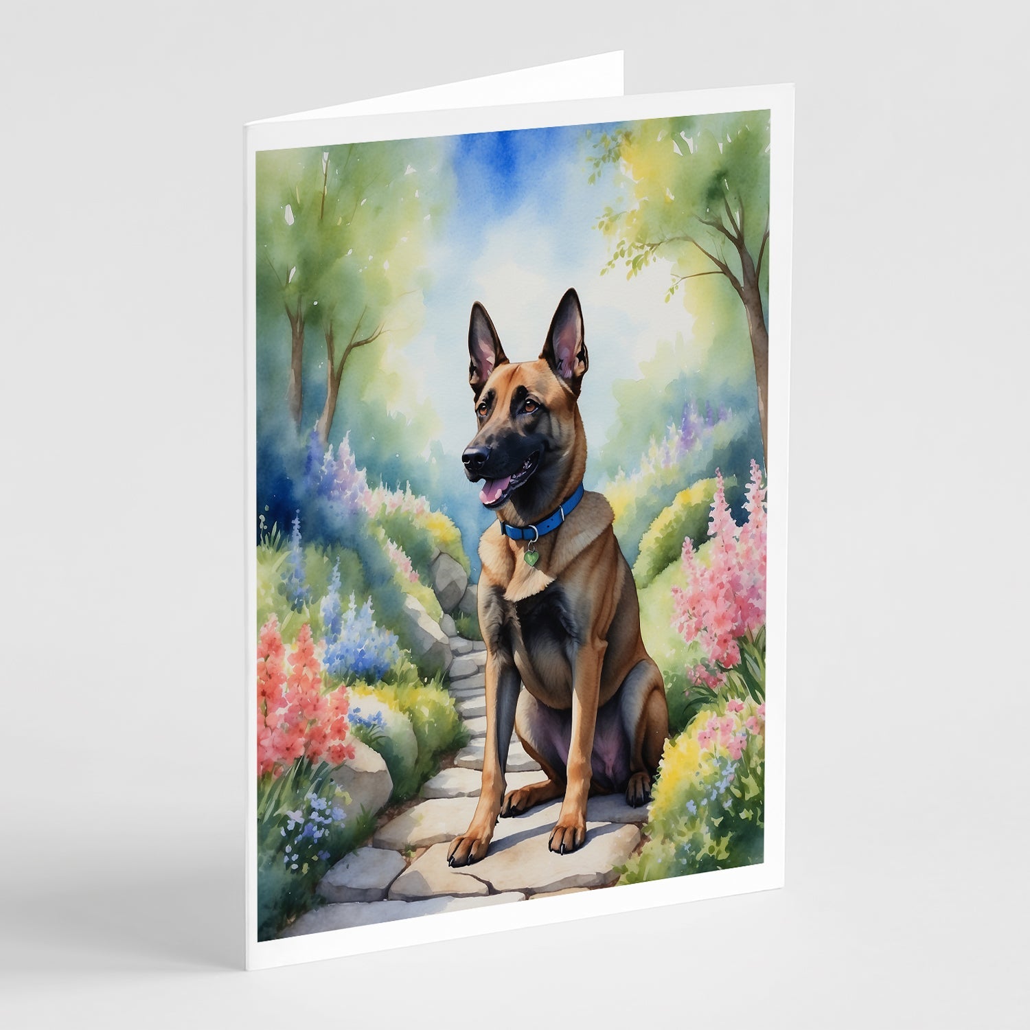 Belgian Malinois Spring Garden Greeting Cards Pack of 8 Blank Cards with Envelopes Whimsical A7 Size 5x7