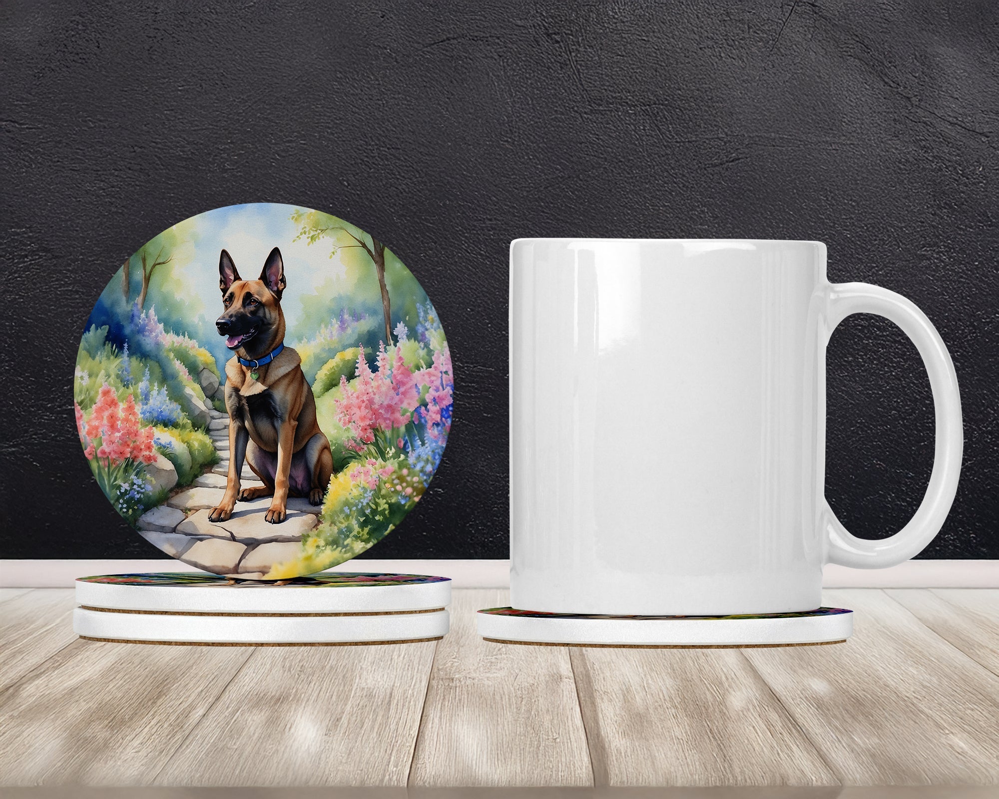 Belgian Malinois Spring Garden Large Sandstone Coasters Pack of 4 Absorbent Round Coasters Decor Gifts for Men or Women, 4 in, Multicolor