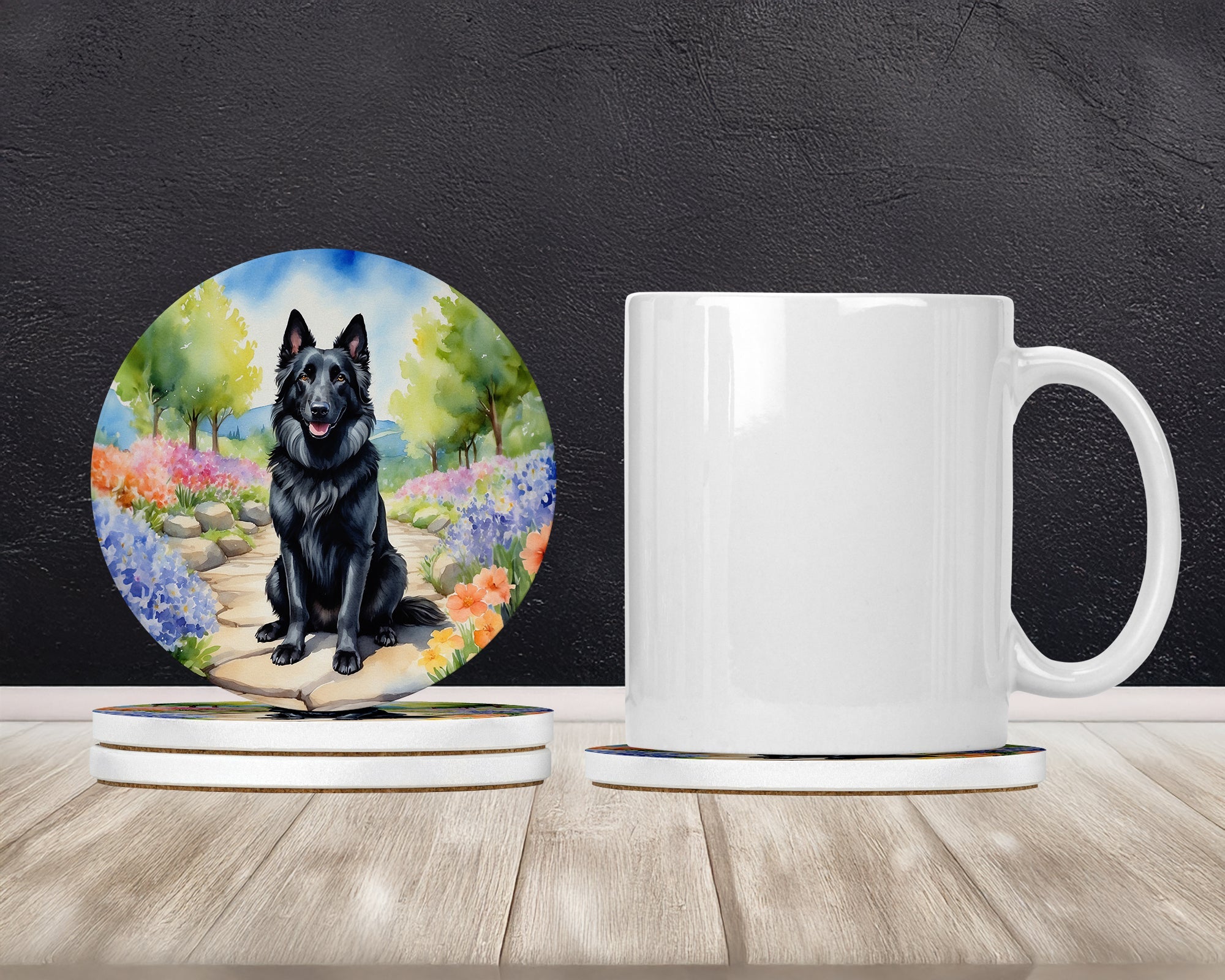 Belgian Sheepdog Spring Path Large Sandstone Coasters Pack of 4 Absorbent Round Coasters Decor Gifts for Men or Women, 4 in, Multicolor