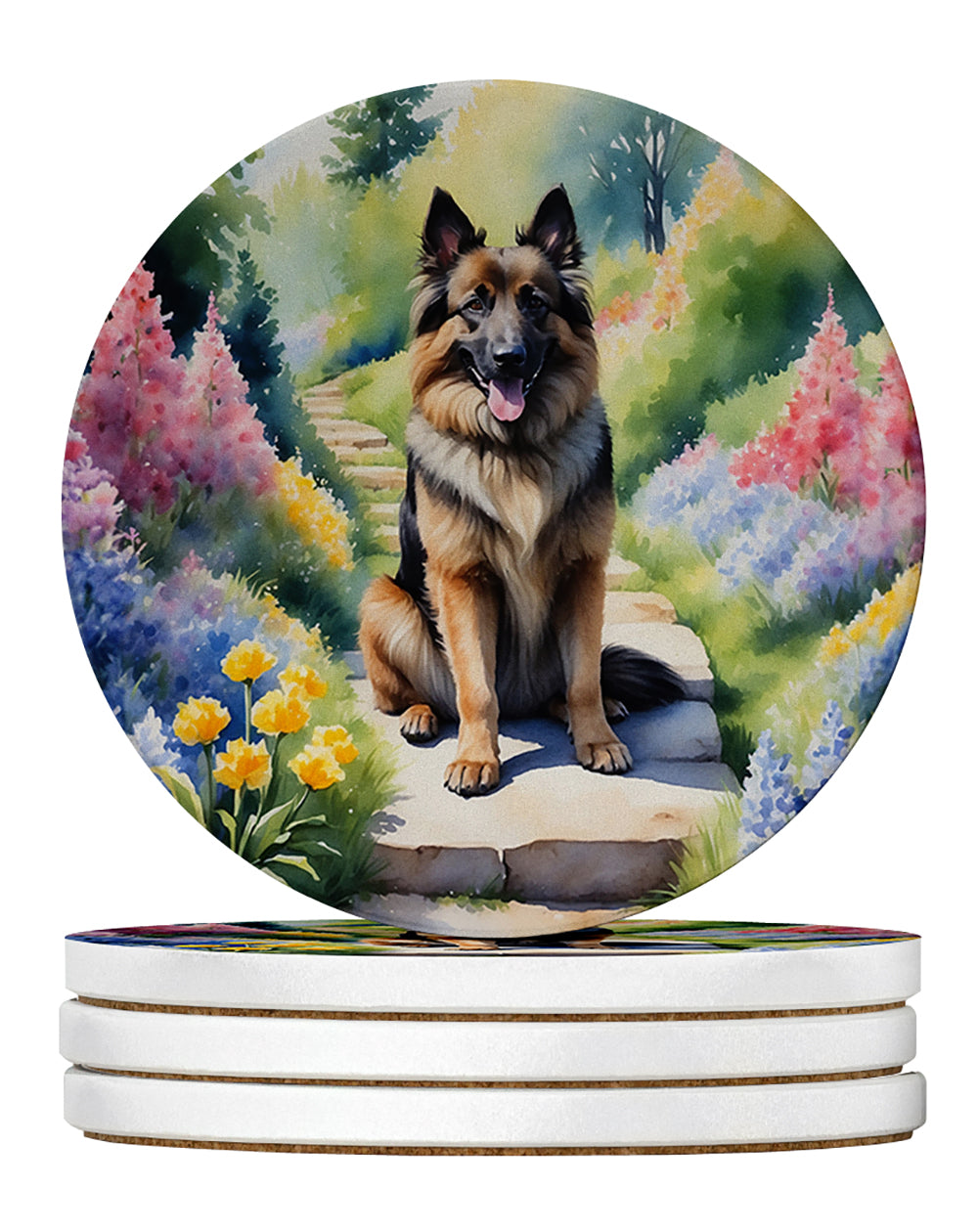 Belgian Tervuren Spring Path Large Sandstone Coasters Pack of 4 Absorbent Round Coasters Decor Gifts for Men or Women, 4 in, Multicolor