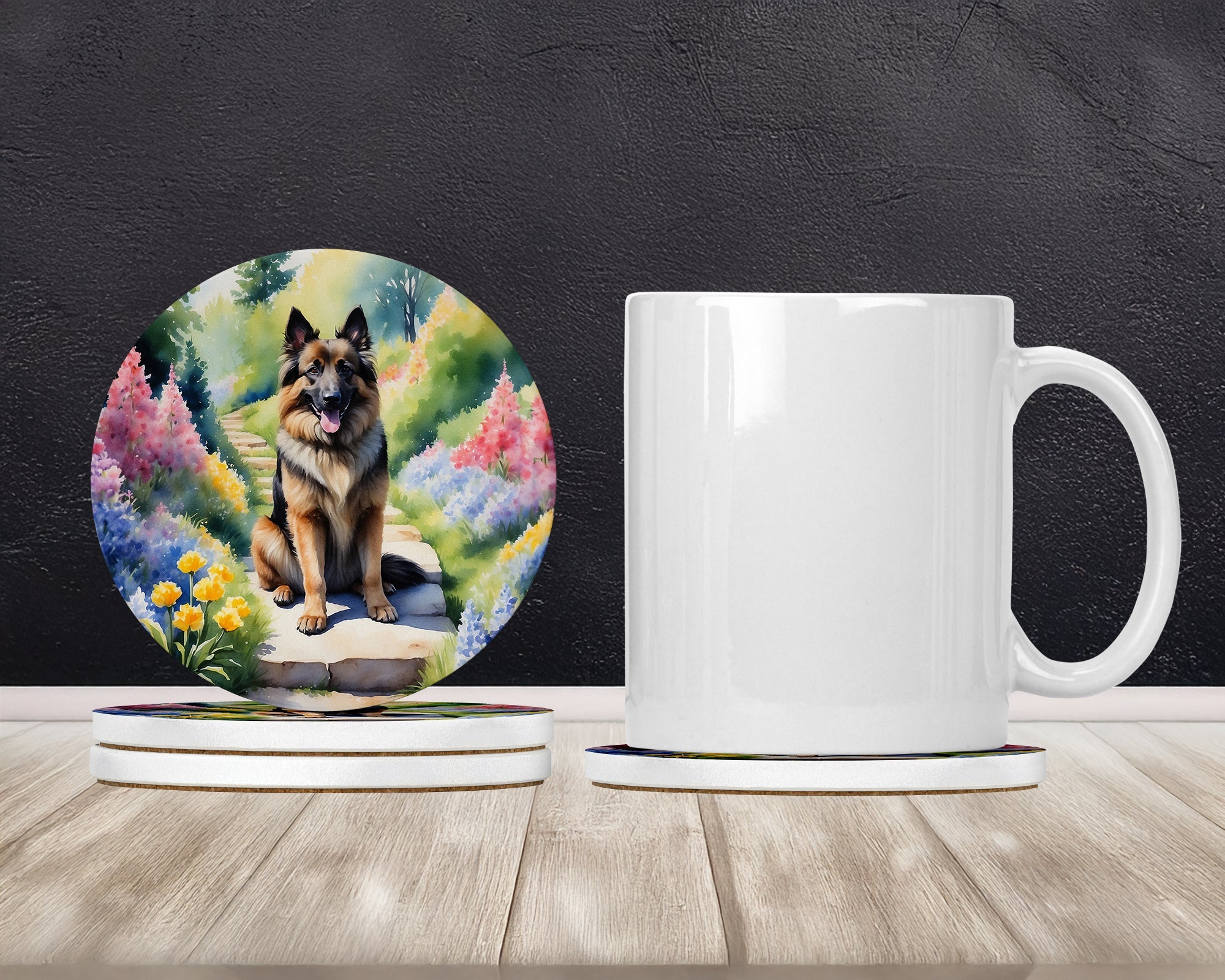 Belgian Tervuren Spring Path Large Sandstone Coasters Pack of 4 Absorbent Round Coasters Decor Gifts for Men or Women, 4 in, Multicolor