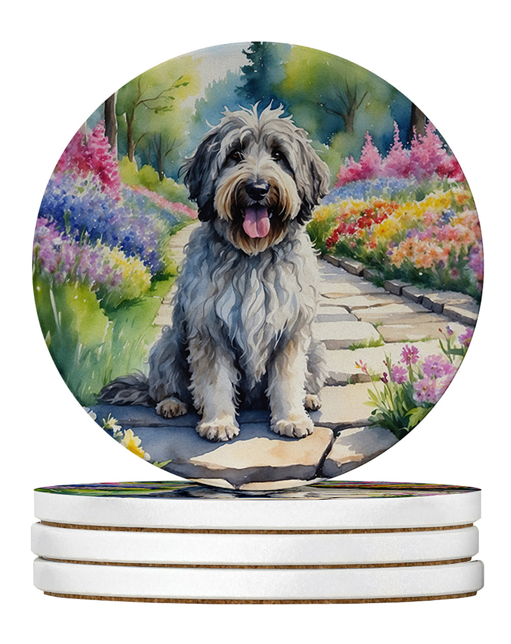 Bergamasco Sheepdog Spring Path Large Sandstone Coasters Pack of 4 Absorbent Round Coasters Decor Gifts for Men or Women, 4 in, Multicolor