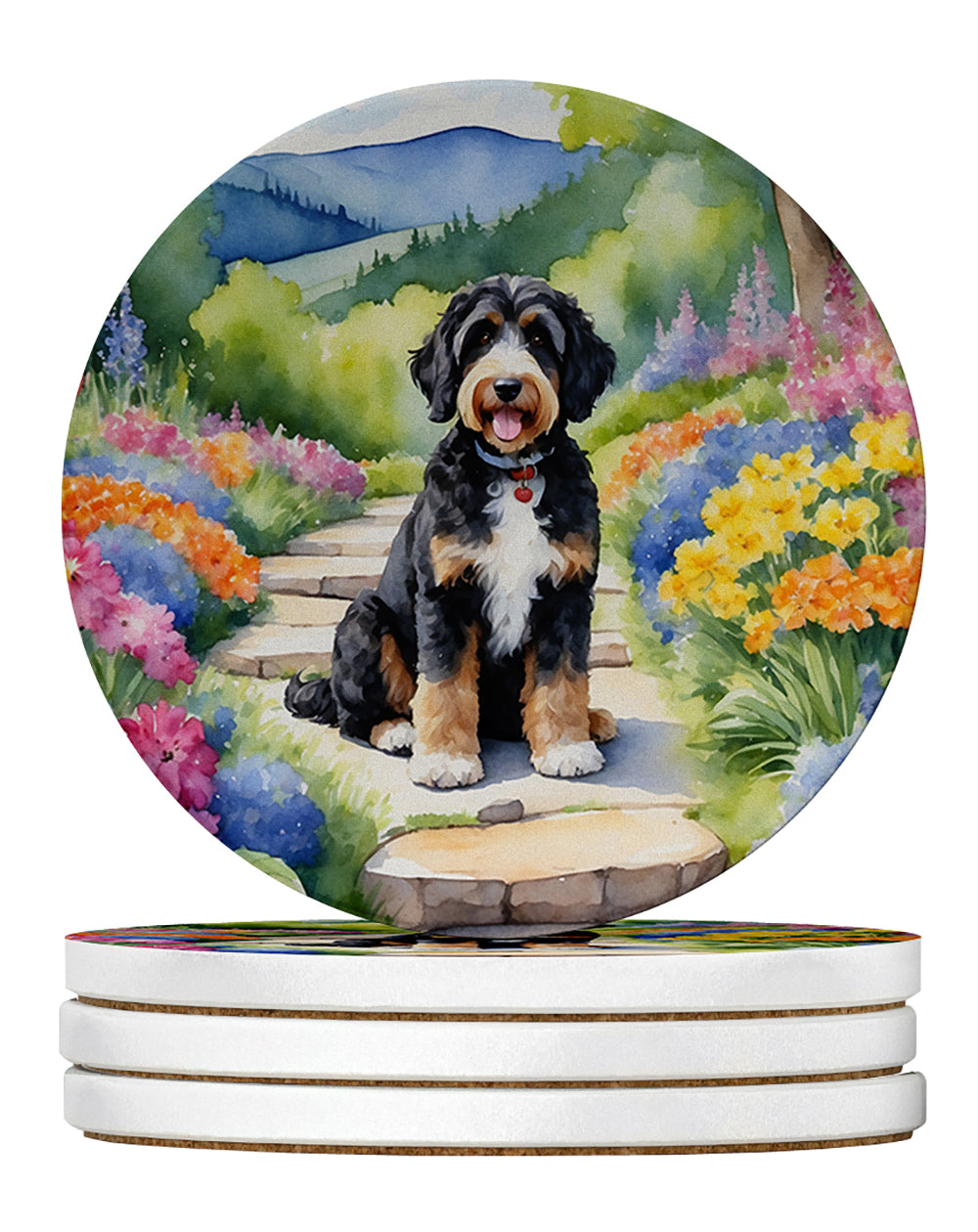 Bernedoodle Spring Path Large Sandstone Coasters Pack of 4 Absorbent Round Coasters Decor Gifts for Men or Women, 4 in, Multicolor