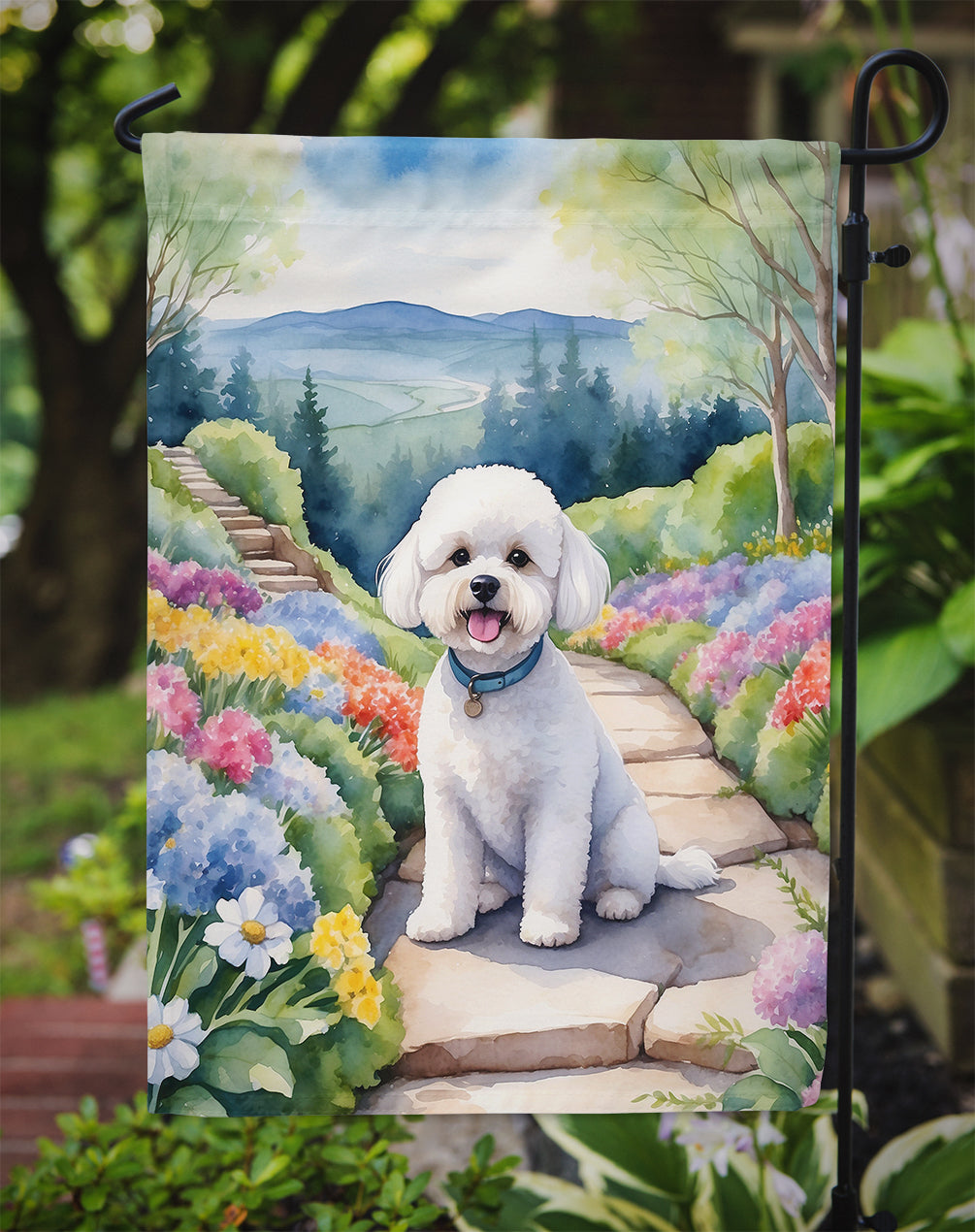 Bichon Frise Spring Path Garden Flag Mailbox Decorative Yard Banner Outside Patio Artwork for Flower Beds, Garden Size, Multicolor