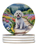 Bichon Frise Spring Path Large Sandstone Coasters Pack of 4 Absorbent Round Coasters Decor Gifts for Men or Women, 4 in, Multicolor