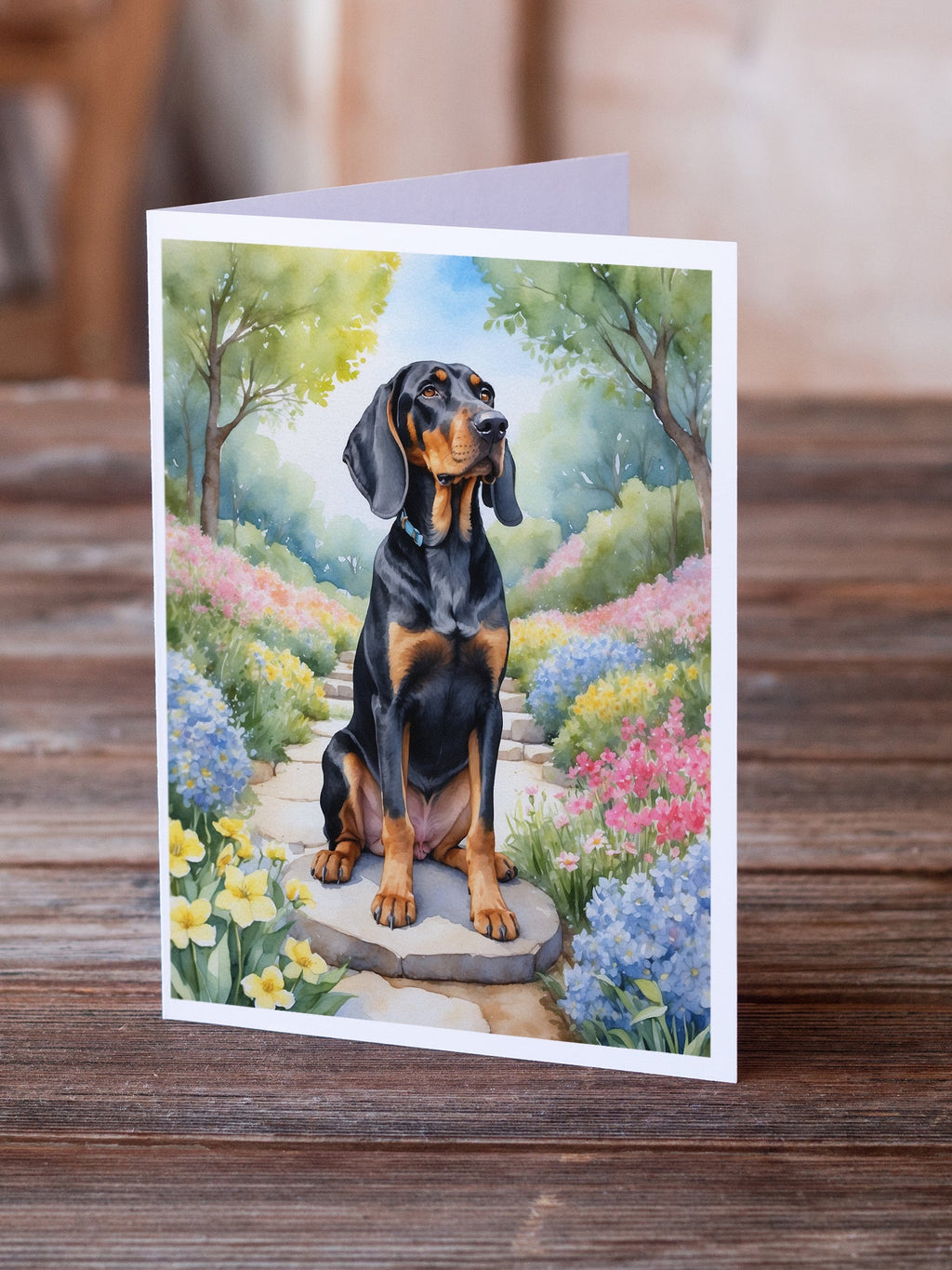 Black and Tan Coonhound Spring Path Greeting Cards Pack of 8 Blank Cards with Envelopes Whimsical A7 Size 5x7