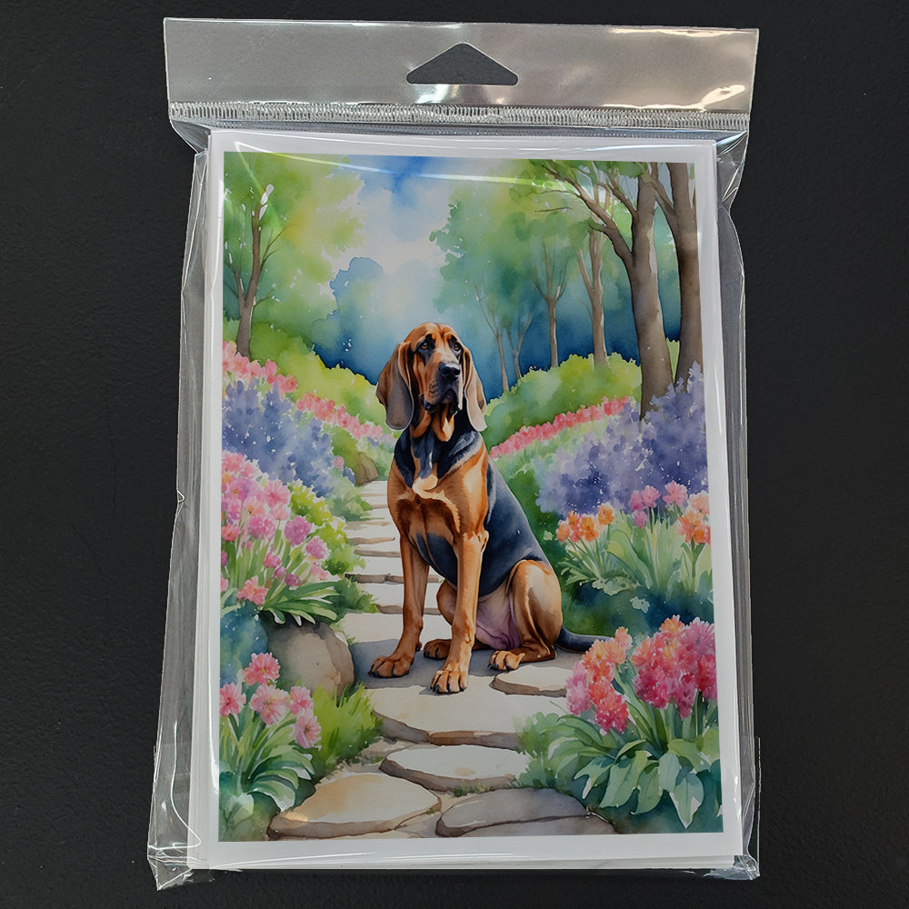 Bloodhound Spring Path Greeting Cards Pack of 8 Blank Cards with Envelopes Whimsical A7 Size 5x7