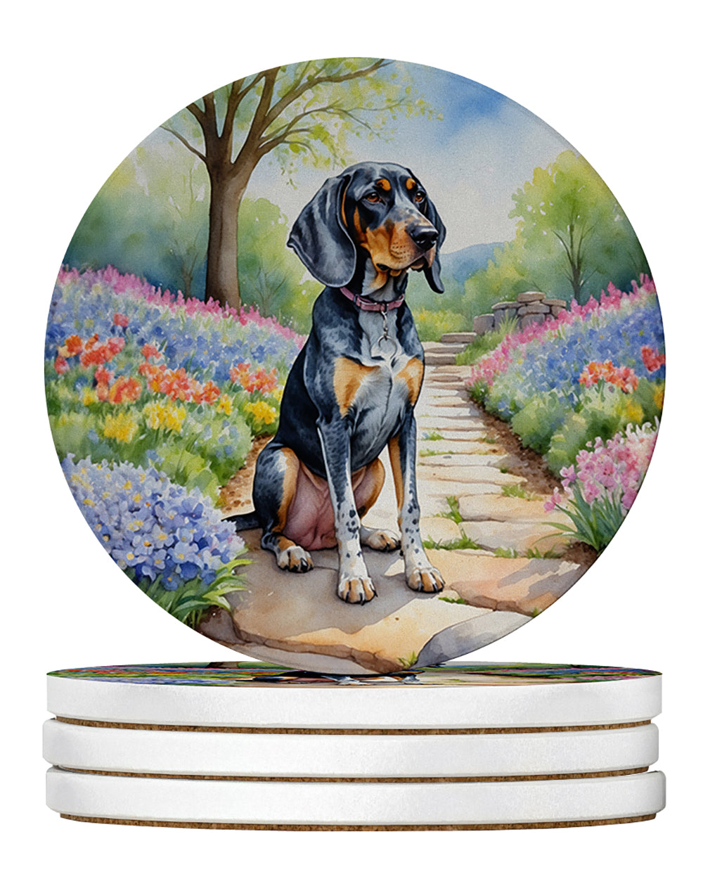 Bluetick Coonhound Spring Path Large Sandstone Coasters Pack of 4 Absorbent Round Coasters Decor Gifts for Men or Women, 4 in, Multicolor
