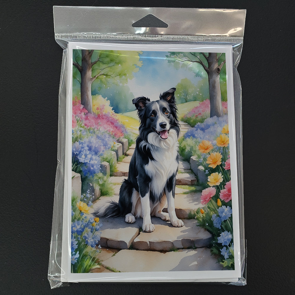 Border Collie Spring Path Greeting Cards Pack of 8 Blank Cards with Envelopes Whimsical A7 Size 5x7