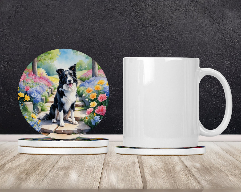 Border Collie Spring Path Large Sandstone Coasters Pack of 4 Absorbent Round Coasters Decor Gifts for Men or Women, 4 in, Multicolor