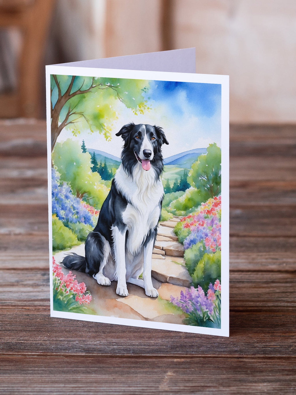 Borzoi Spring Path Greeting Cards Pack of 8 Blank Cards with Envelopes Whimsical A7 Size 5x7