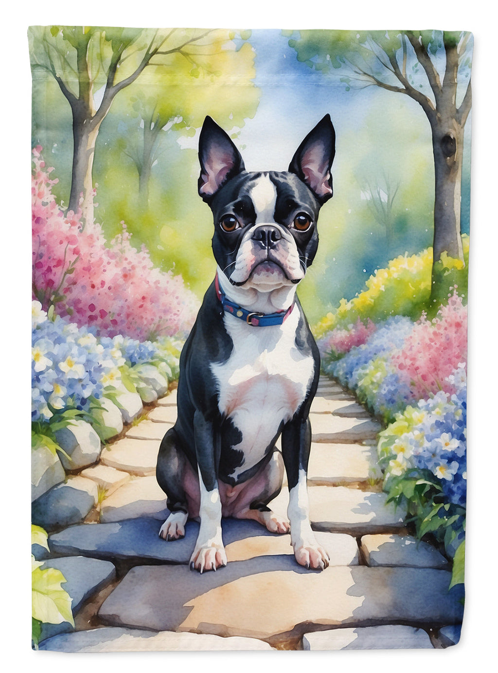 Boston Terrier Spring Path House Flag 28x40 Porch Sleeve Pole Decorative Outside Yard Banner Artwork Wall Hanging, Polyester