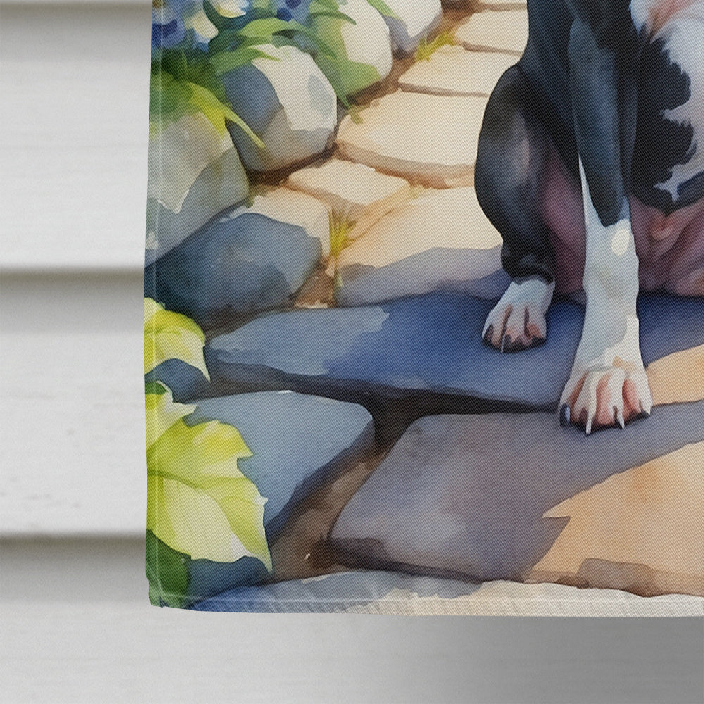 Boston Terrier Spring Path House Flag 28x40 Porch Sleeve Pole Decorative Outside Yard Banner Artwork Wall Hanging, Polyester