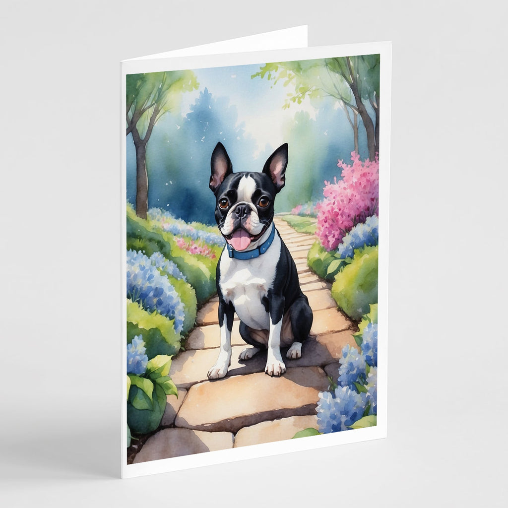 Boston Terrier Spring Path Greeting Cards Pack of 8 Blank Cards with Envelopes Whimsical A7 Size 5x7
