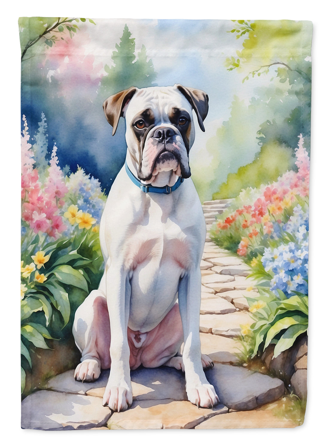 White Boxer Spring Path House Flag 28x40 Porch Sleeve Pole Decorative Outside Yard Banner Artwork Wall Hanging, Polyester