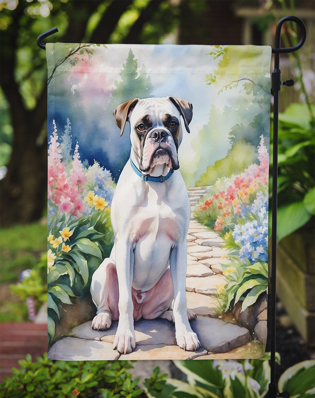 White Boxer Spring Path Garden Flag Mailbox Decorative Yard Banner Outside Patio Artwork for Flower Beds, Garden Size, Multicolor