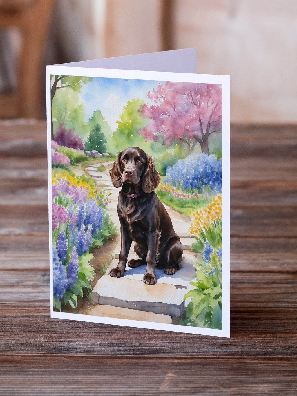 Boykin Spaniel Spring Path Greeting Cards Pack of 8 Blank Cards with Envelopes Whimsical A7 Size 5x7