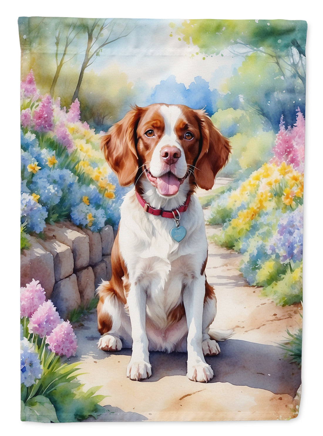 Brittany Spaniel Spring Path House Flag 28x40 Porch Sleeve Pole Decorative Outside Yard Banner Artwork Wall Hanging, Polyester