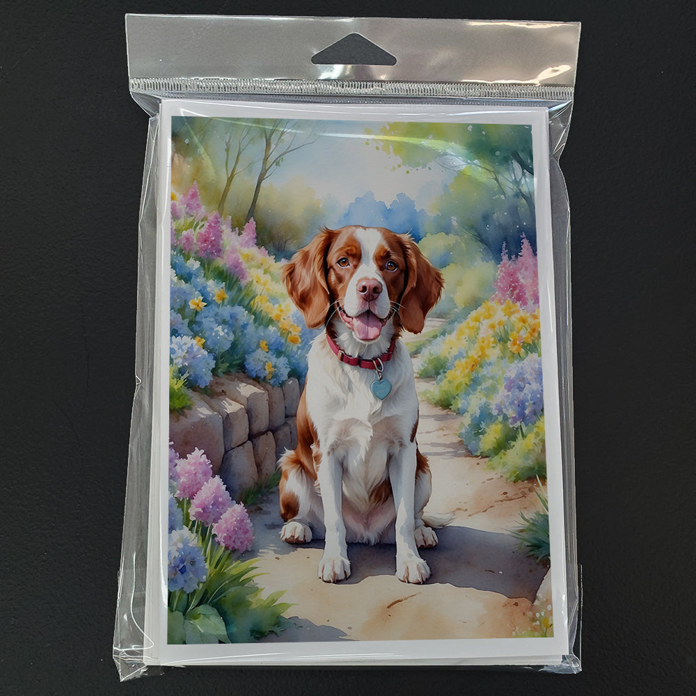 Brittany Spaniel Spring Path Greeting Cards Pack of 8 Blank Cards with Envelopes Whimsical A7 Size 5x7