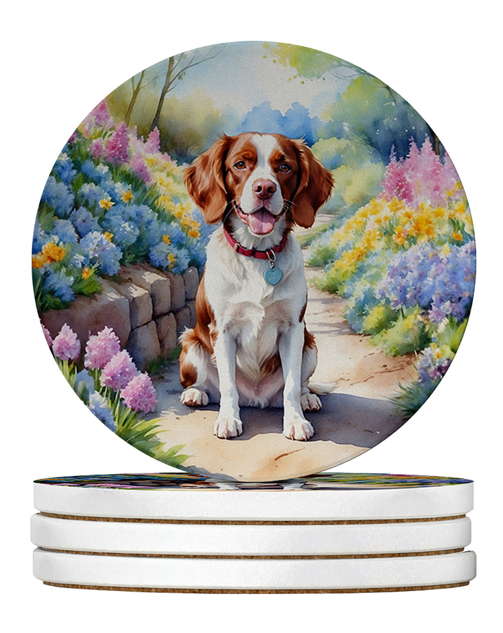 Brittany Spaniel Spring Path Large Sandstone Coasters Pack of 4 Absorbent Round Coasters Decor Gifts for Men or Women, 4 in, Multicolor