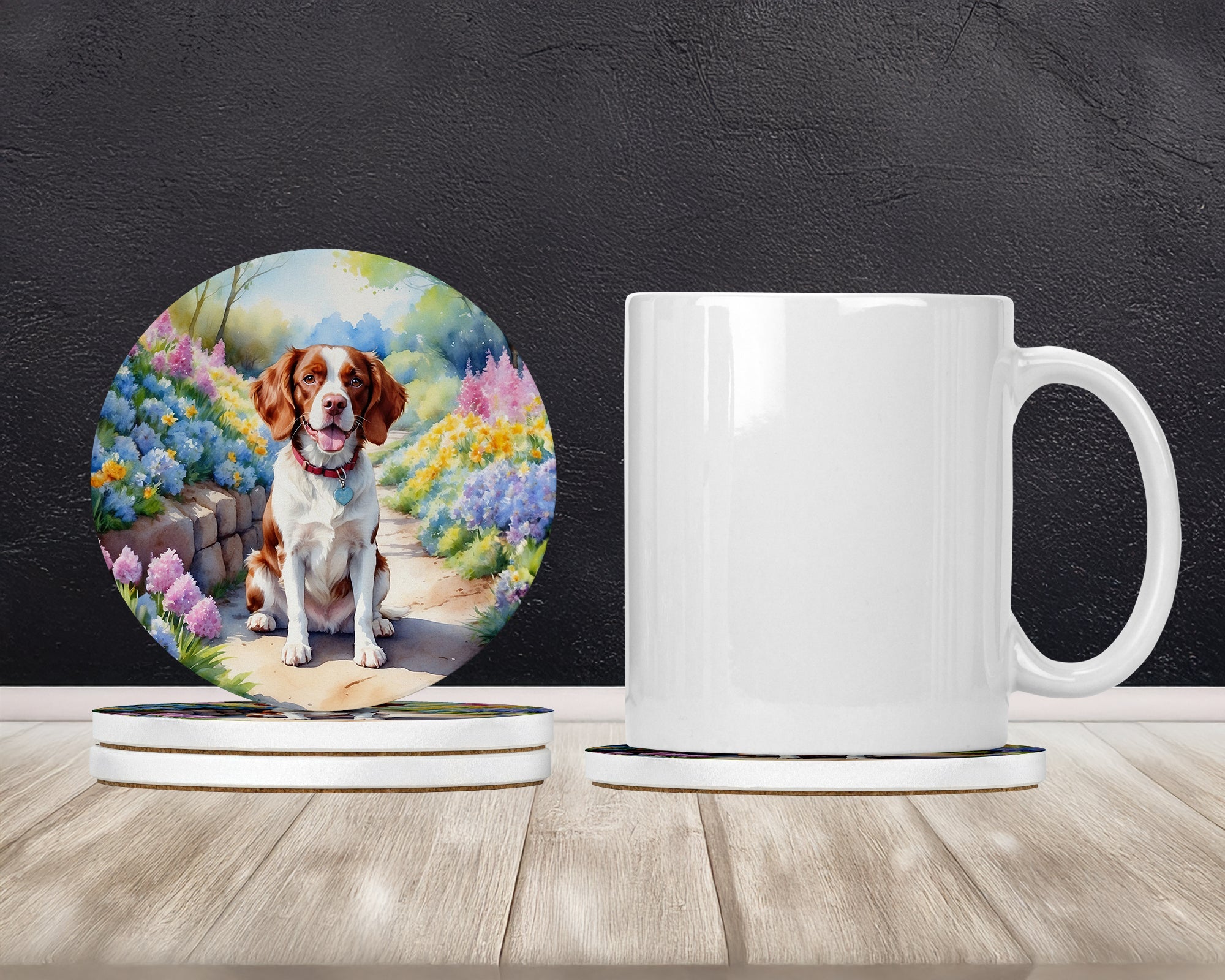 Brittany Spaniel Spring Path Large Sandstone Coasters Pack of 4 Absorbent Round Coasters Decor Gifts for Men or Women, 4 in, Multicolor