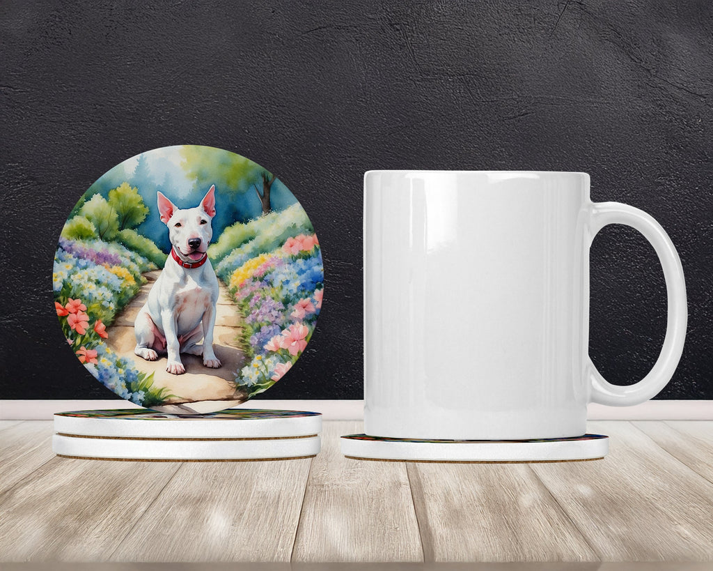 Bull Terrier Spring Path Large Sandstone Coasters Pack of 4 Absorbent Round Coasters Decor Gifts for Men or Women, 4 in, Multicolor
