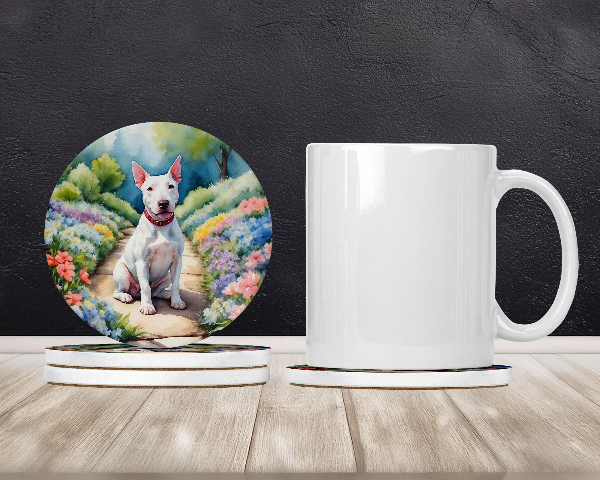 Bull Terrier Spring Path Large Sandstone Coasters Pack of 4 Absorbent Round Coasters Decor Gifts for Men or Women, 4 in, Multicolor
