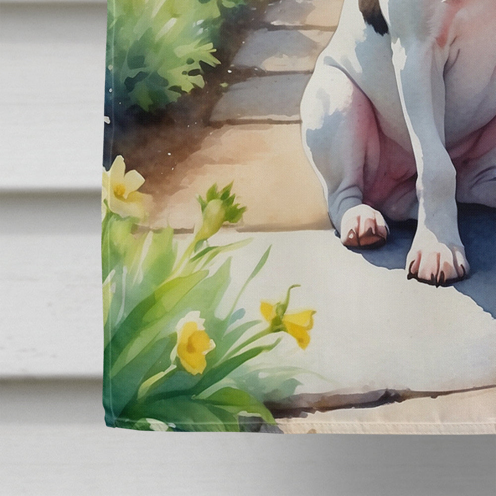 Bull Terrier Spring Path House Flag 28x40 Porch Sleeve Pole Decorative Outside Yard Banner Artwork Wall Hanging, Polyester