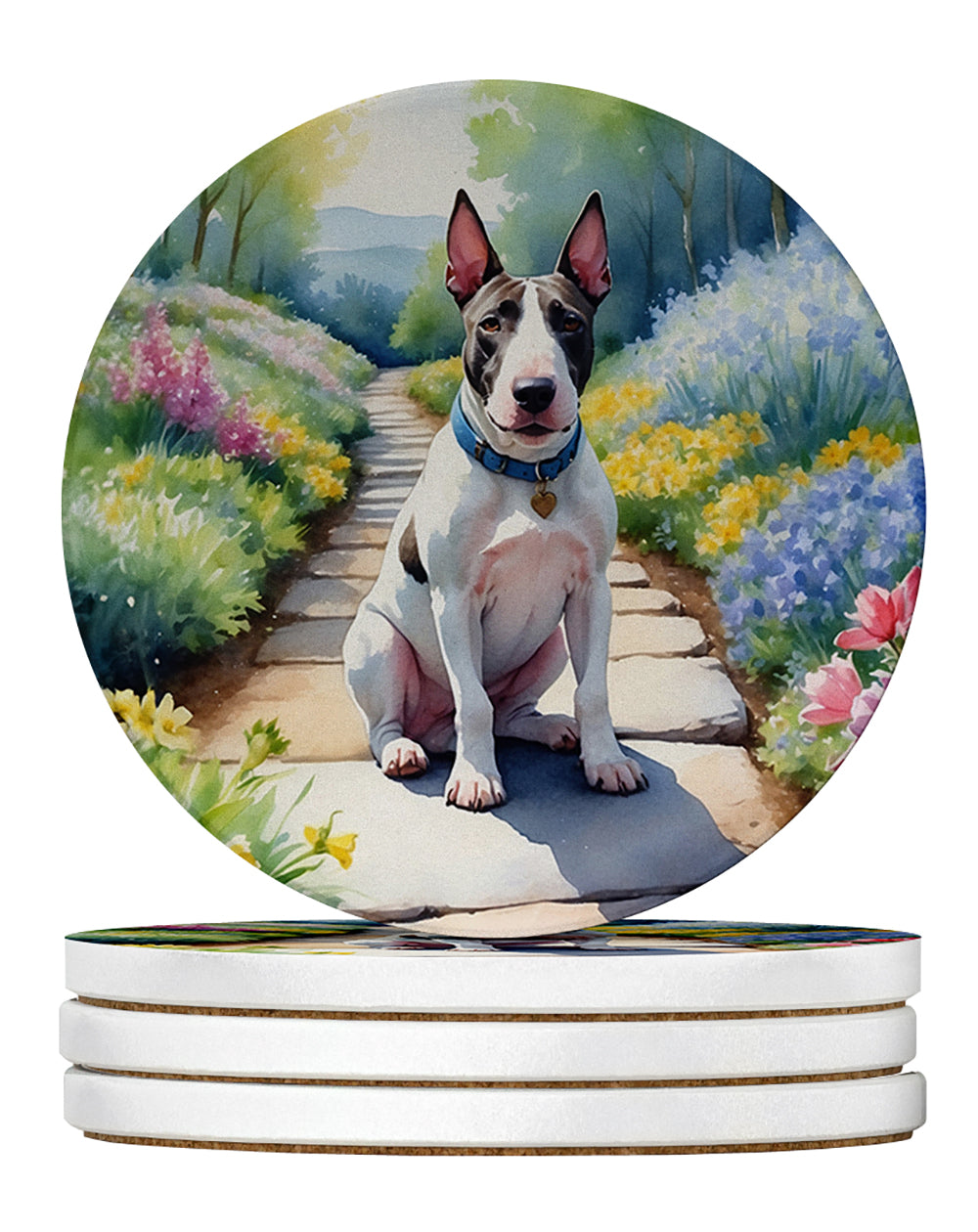 Bull Terrier Spring Path Large Sandstone Coasters Pack of 4 Absorbent Round Coasters Decor Gifts for Men or Women, 4 in, Multicolor