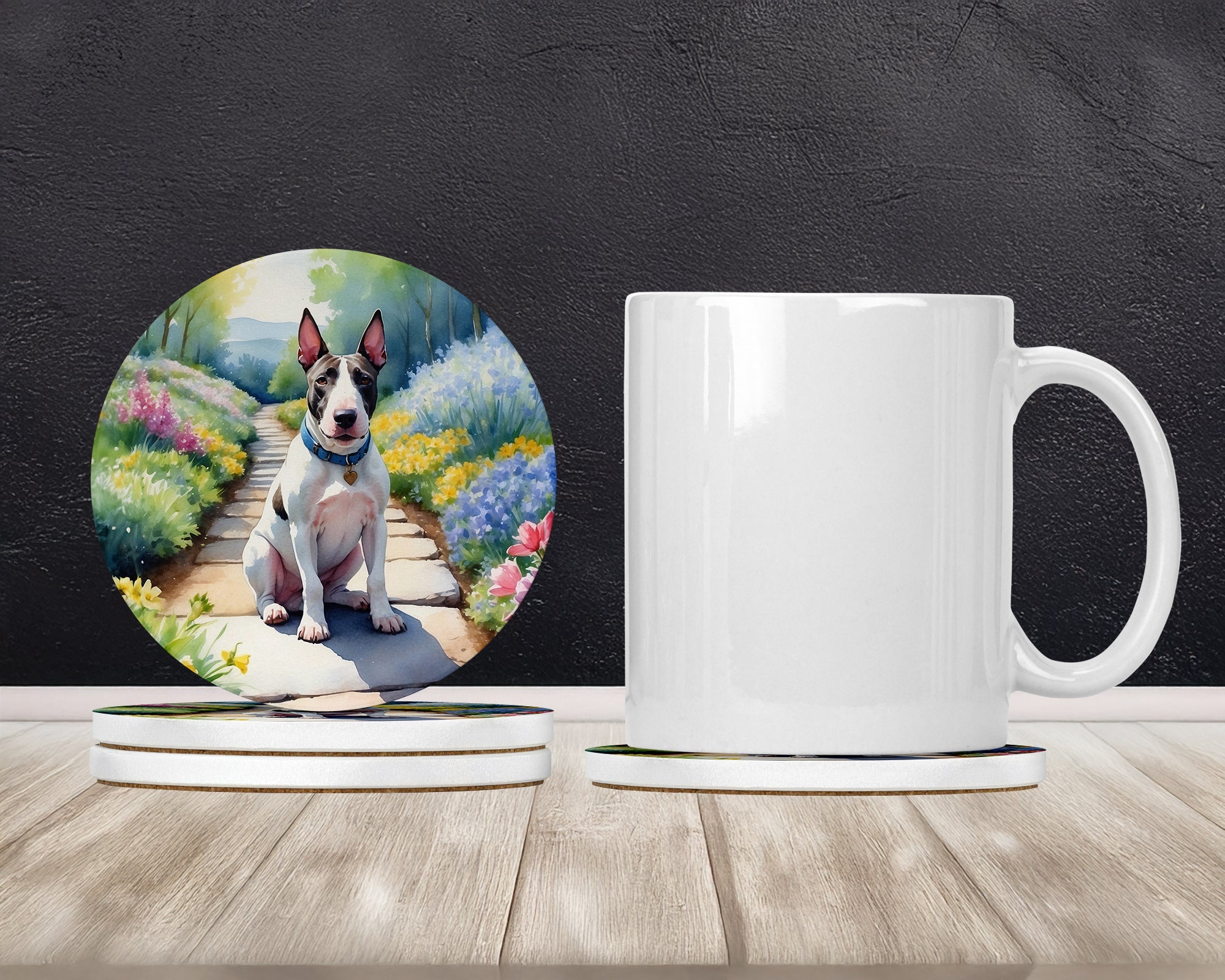 Bull Terrier Spring Path Large Sandstone Coasters Pack of 4 Absorbent Round Coasters Decor Gifts for Men or Women, 4 in, Multicolor