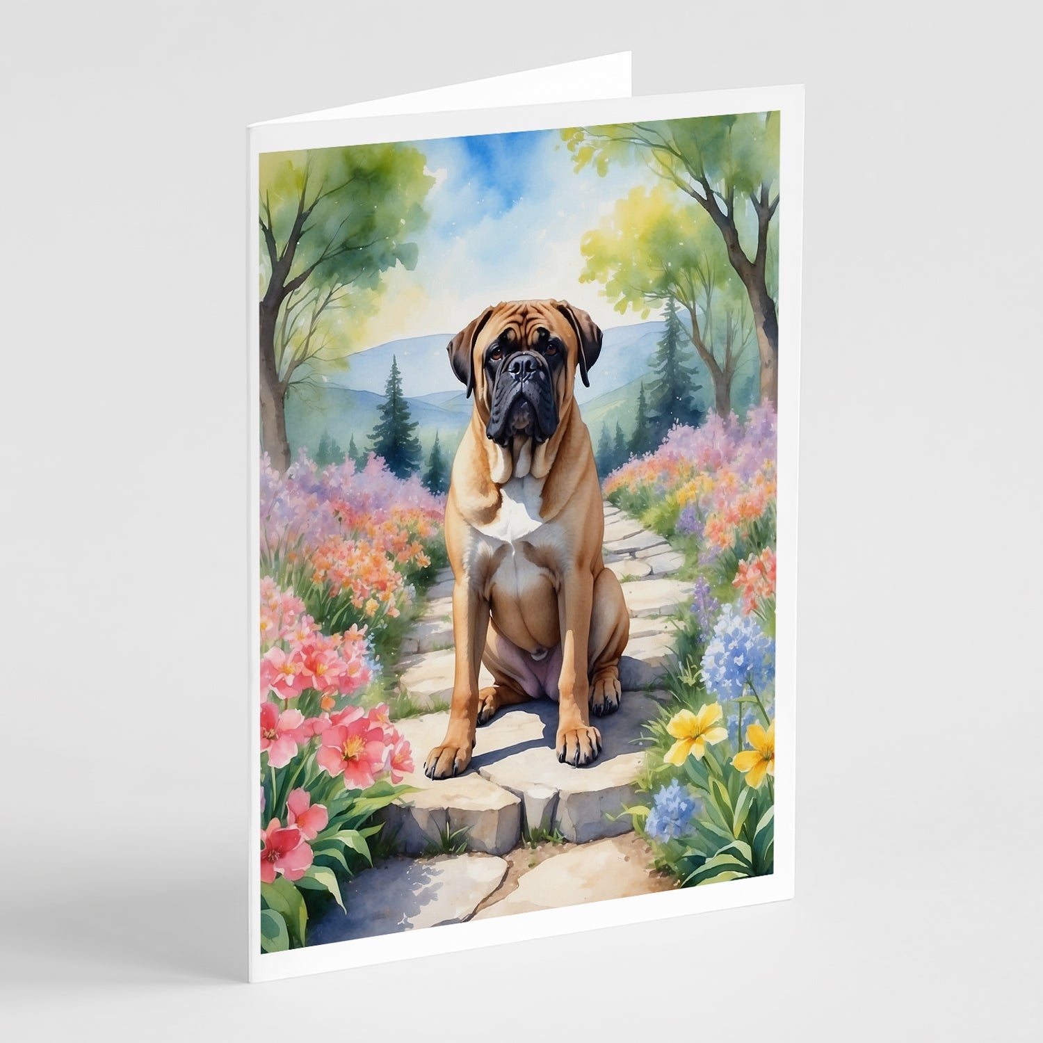 Bullmastiff Spring Path Greeting Cards Pack of 8 Blank Cards with Envelopes Whimsical A7 Size 5x7