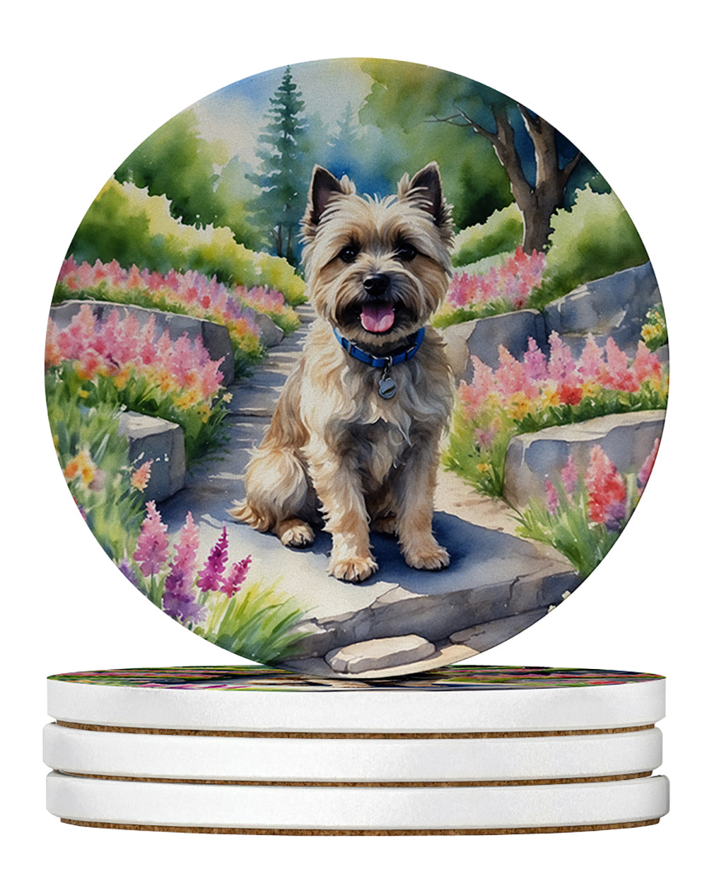 Cairn Terrier Spring Path Large Sandstone Coasters Pack of 4 Absorbent Round Coasters Decor Gifts for Men or Women, 4 in, Multicolor