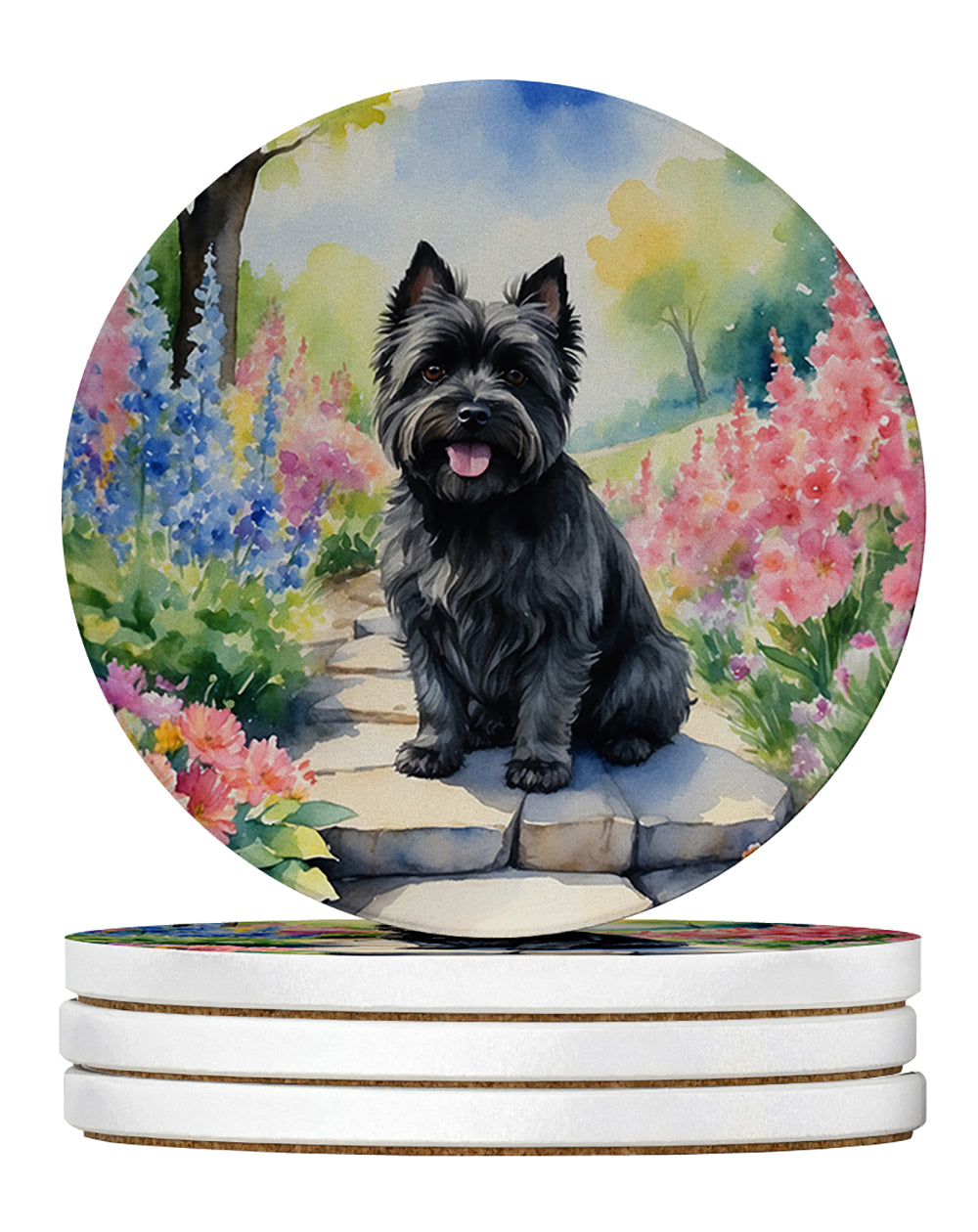 Cairn Terrier Spring Path Large Sandstone Coasters Pack of 4 Absorbent Round Coasters Decor Gifts for Men or Women, 4 in, Multicolor