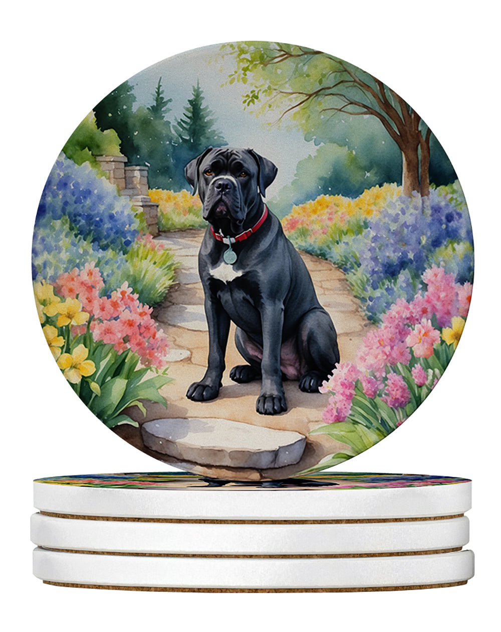 Cane Corso Spring Path Large Sandstone Coasters Pack of 4 Absorbent Round Coasters Decor Gifts for Men or Women, 4 in, Multicolor