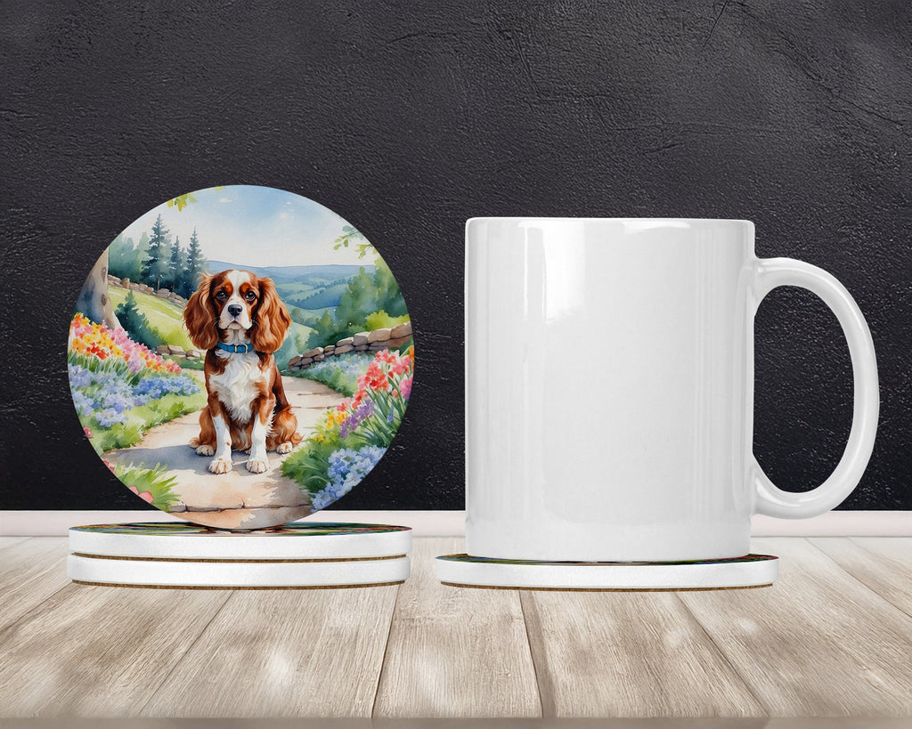 Cavalier Spaniel Spring Path Large Sandstone Coasters Pack of 4 Absorbent Round Coasters Decor Gifts for Men or Women, 4 in, Multicolor