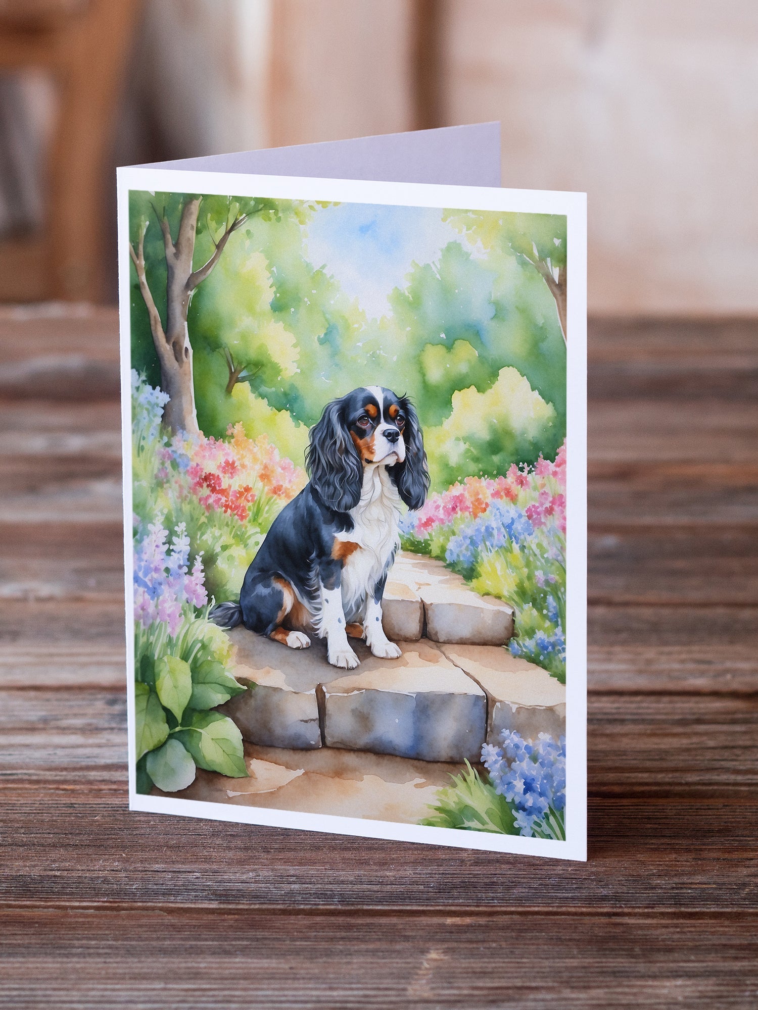 Cavalier Spaniel Spring Path Greeting Cards Pack of 8 Blank Cards with Envelopes Whimsical A7 Size 5x7