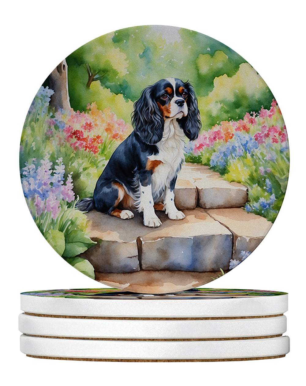 Cavalier Spaniel Spring Path Large Sandstone Coasters Pack of 4 Absorbent Round Coasters Decor Gifts for Men or Women, 4 in, Multicolor