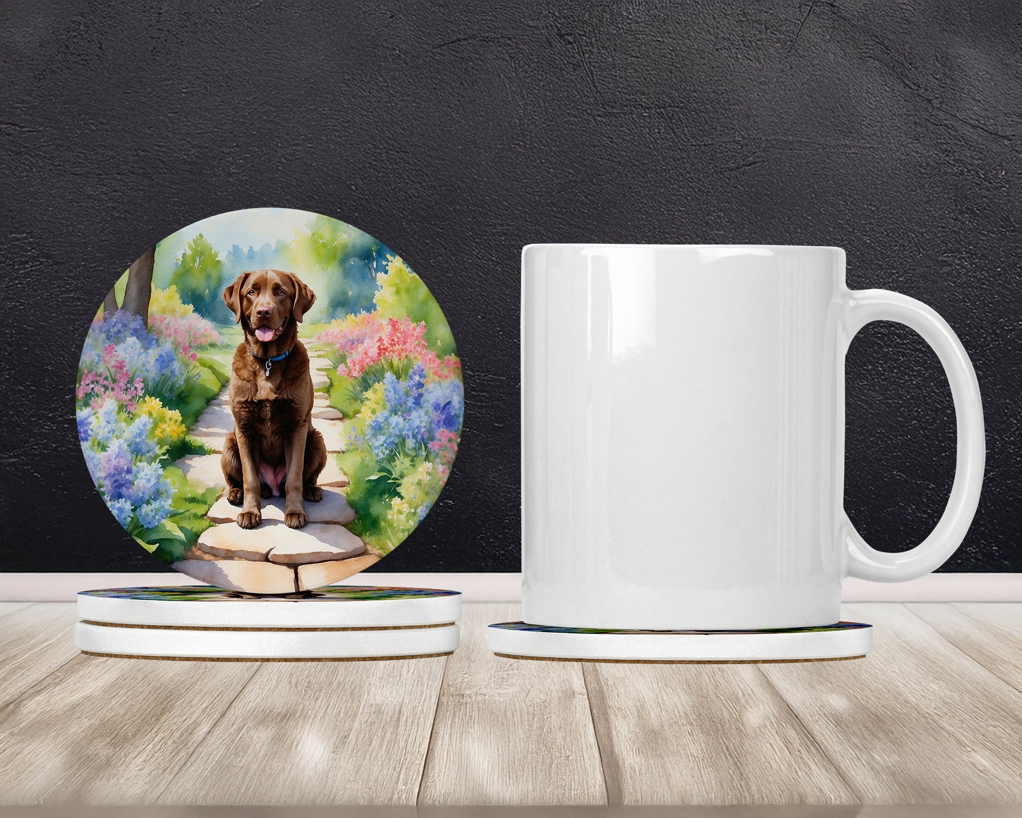 Chesapeake Bay Retriever Spring Path Large Sandstone Coasters Pack of 4 Absorbent Round Coasters Decor Gifts for Men or Women, 4 in, Multicolor