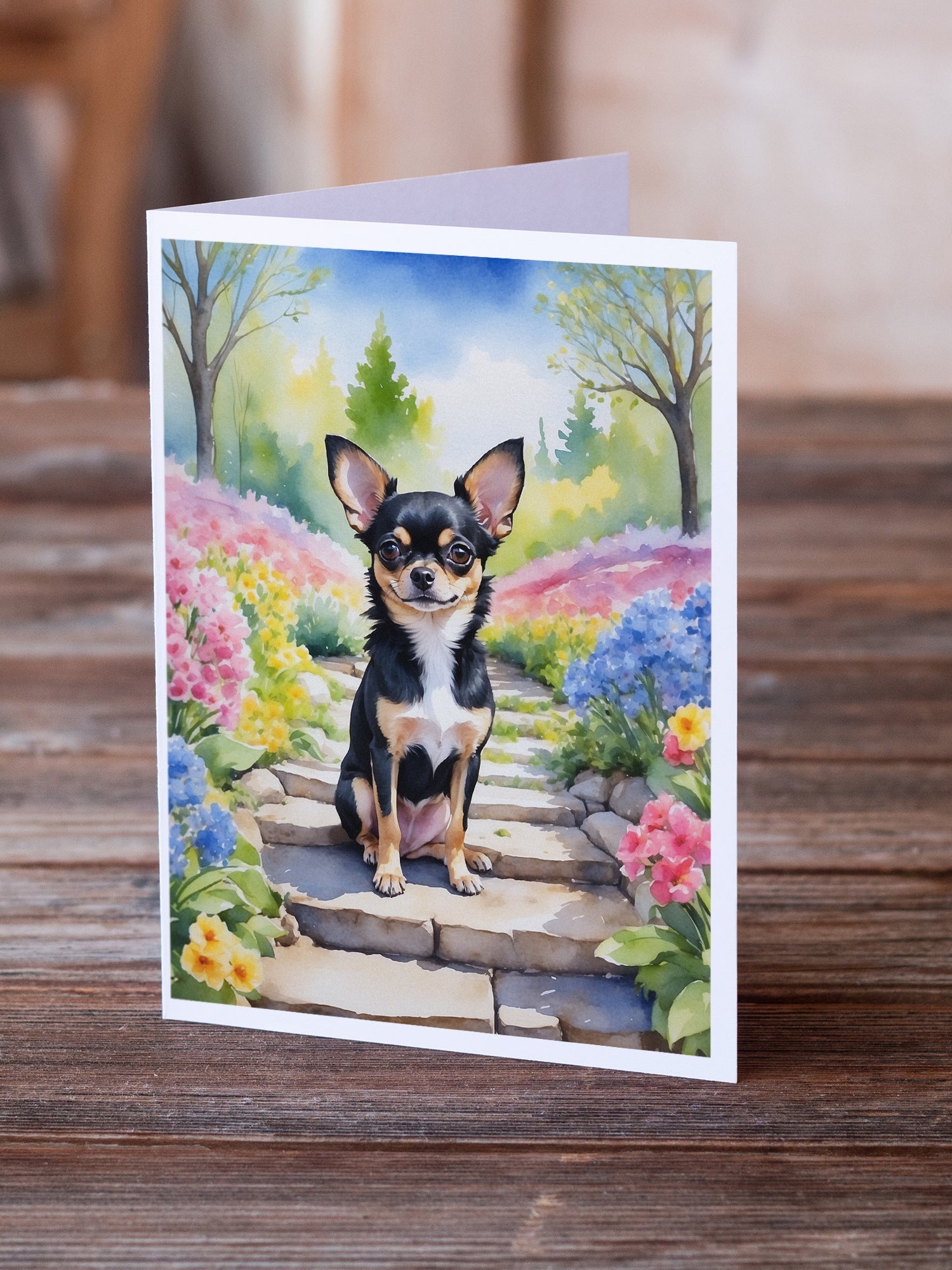 Chihuahua Spring Path Greeting Cards Pack of 8 Blank Cards with Envelopes Whimsical A7 Size 5x7