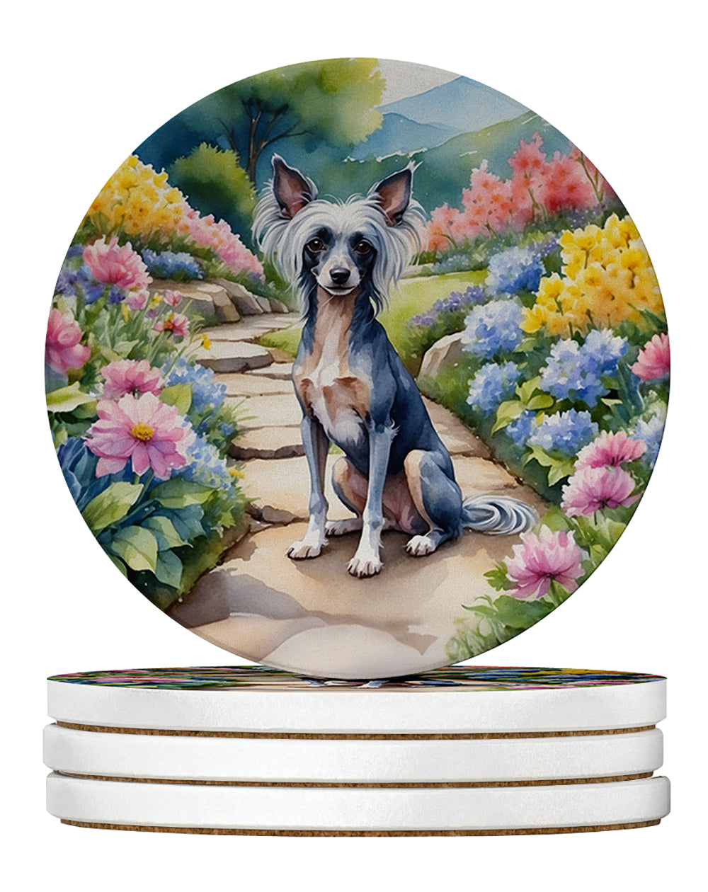 Chinese Crested Spring Path Large Sandstone Coasters Pack of 4 Absorbent Round Coasters Decor Gifts for Men or Women, 4 in, Multicolor