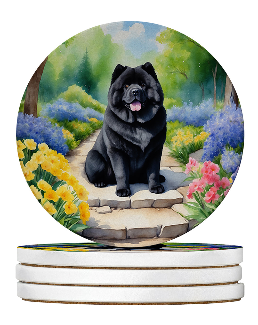 Chow Chow Spring Path Large Sandstone Coasters Pack of 4 Absorbent Round Coasters Decor Gifts for Men or Women, 4 in, Multicolor