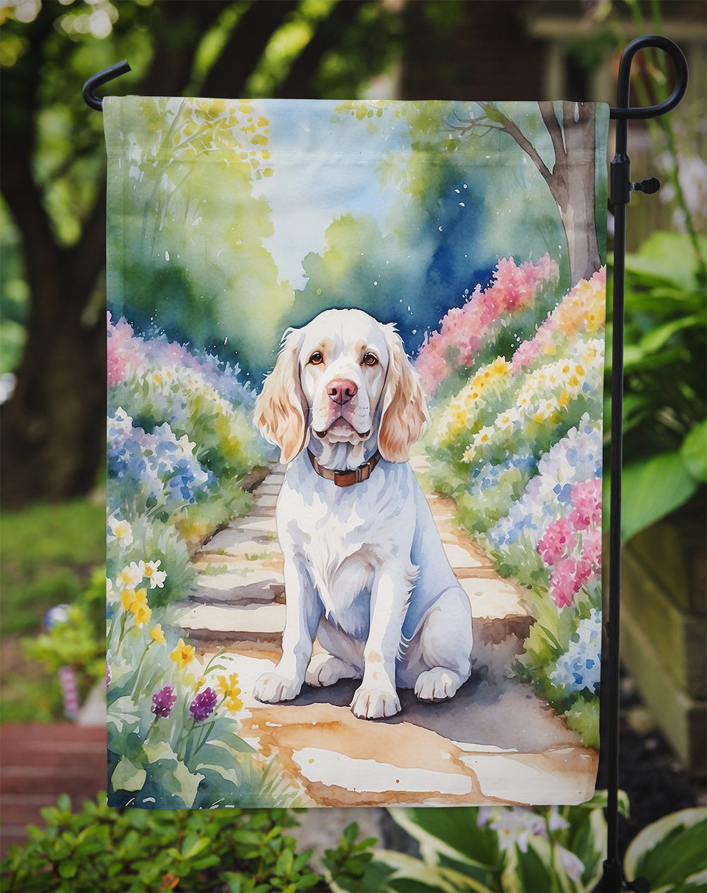 Clumber Spaniel Spring Path Garden Flag Mailbox Decorative Yard Banner Outside Patio Artwork for Flower Beds, Garden Size, Multicolor