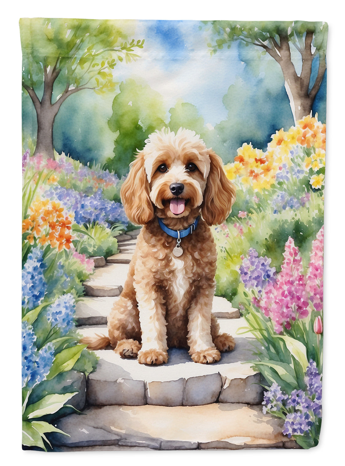 Cockapoo Spring Path House Flag 28x40 Porch Sleeve Pole Decorative Outside Yard Banner Artwork Wall Hanging, Polyester