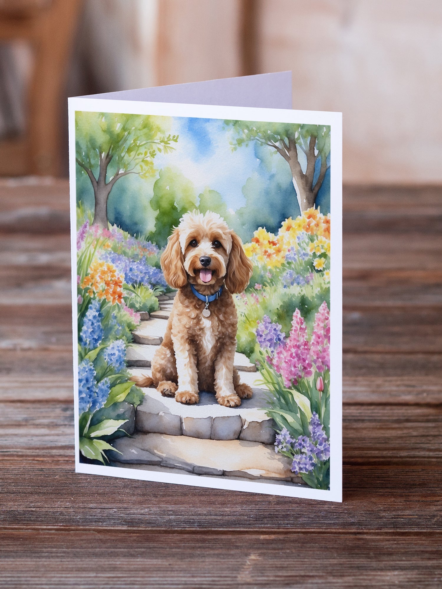 Cockapoo Spring Path Greeting Cards Pack of 8 Blank Cards with Envelopes Whimsical A7 Size 5x7