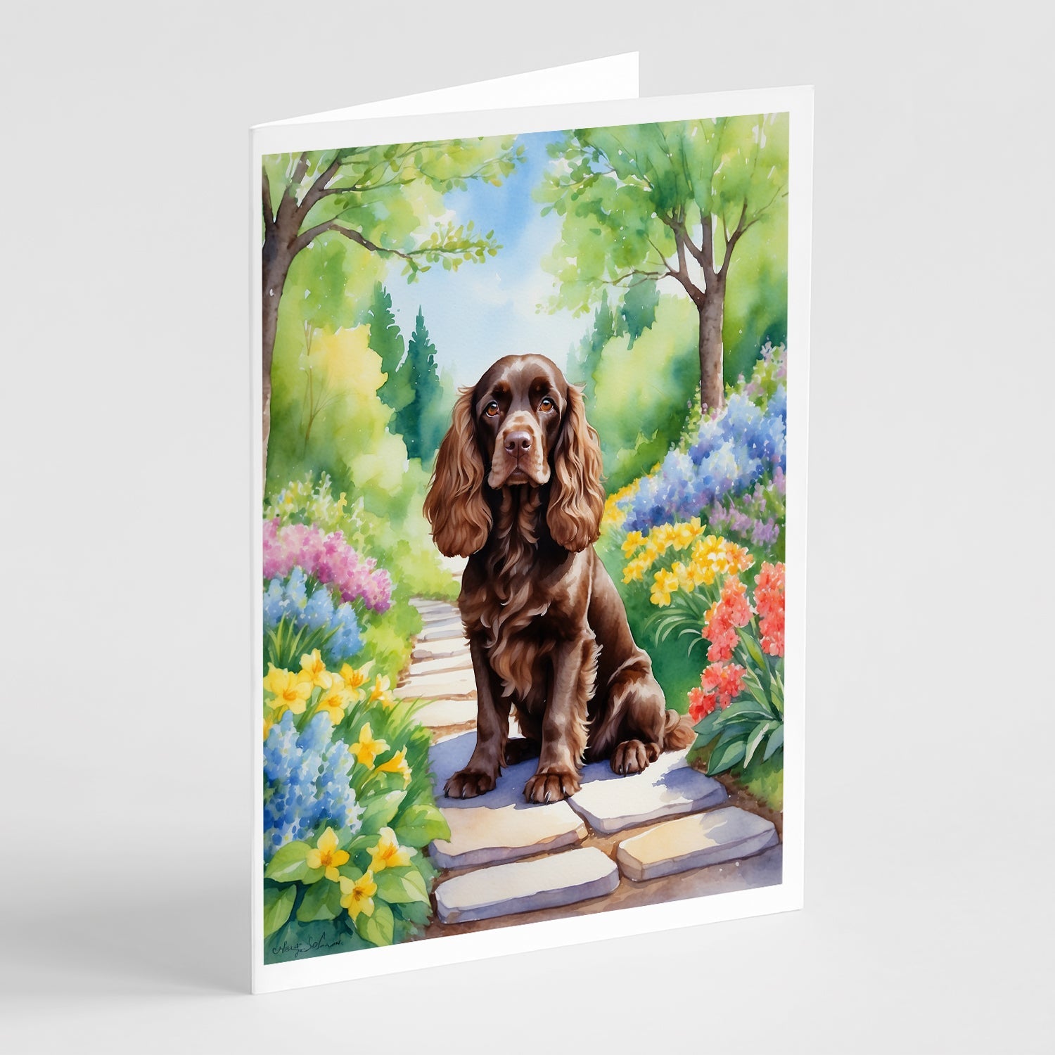 Cocker Spaniel Spring Path Greeting Cards Pack of 8 Blank Cards with Envelopes Whimsical A7 Size 5x7