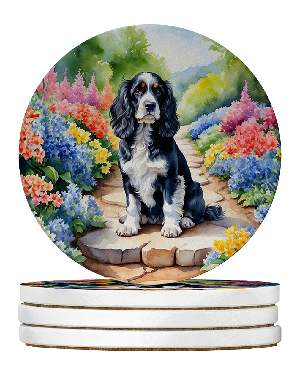 Cocker Spaniel Spring Path Large Sandstone Coasters Pack of 4 Absorbent Round Coasters Decor Gifts for Men or Women, 4 in, Multicolor