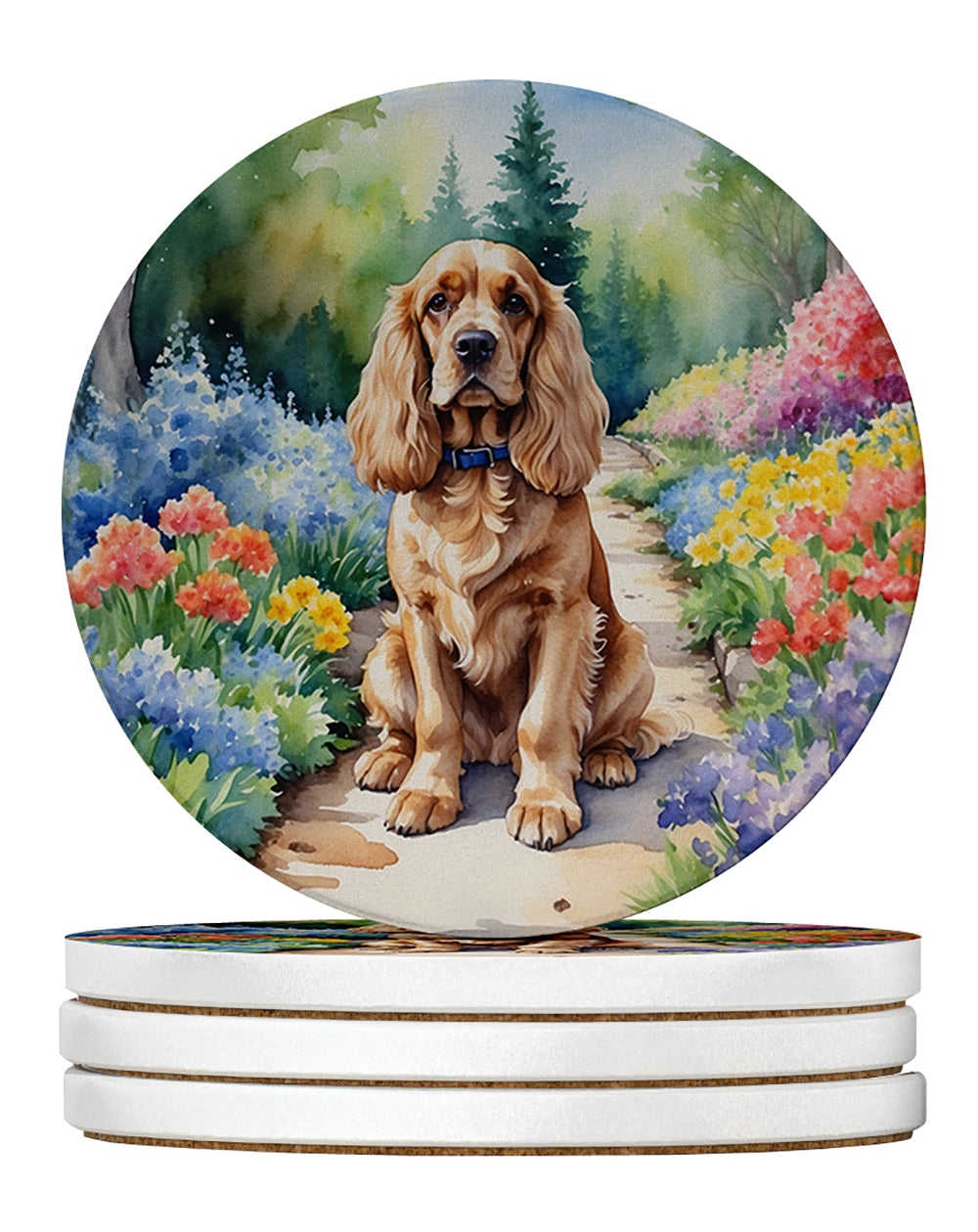 Cocker Spaniel Spring Path Large Sandstone Coasters Pack of 4 Absorbent Round Coasters Decor Gifts for Men or Women, 4 in, Multicolor