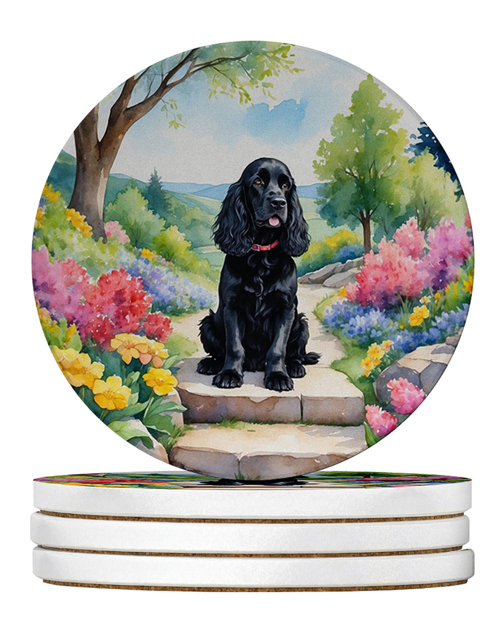 Cocker Spaniel Spring Path Large Sandstone Coasters Pack of 4 Absorbent Round Coasters Decor Gifts for Men or Women, 4 in, Multicolor