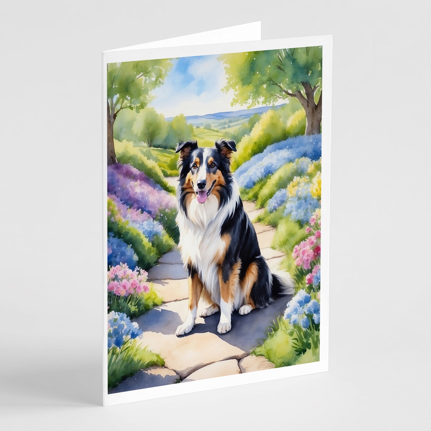 Collie Spring Path Greeting Cards Pack of 8 Blank Cards with Envelopes Whimsical A7 Size 5x7